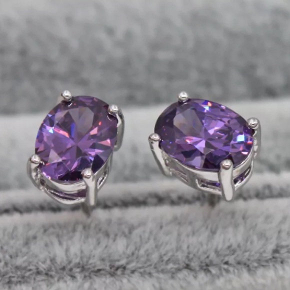 8mm Amethyst CZ & 18K White Gold Filled Earrings - Picture 2 of 2